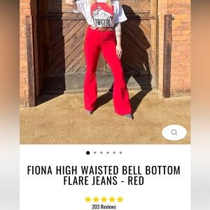 FIONA HIGH WAISTED BELL BOTTOM FLARE JEANS - Red